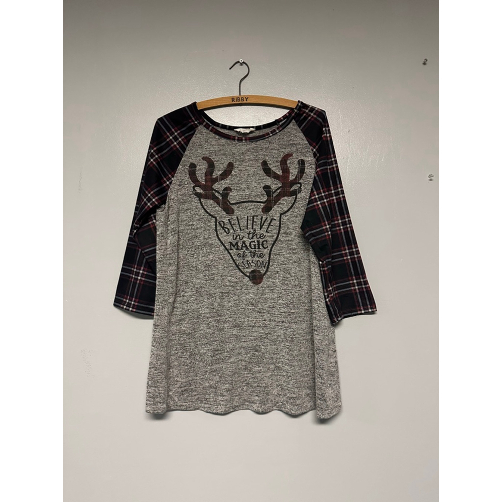Women's EXCLUSIVE ONE Gray christmas graphic and Plaid Long Sleeve Tee size XL - Picture 2 of 5